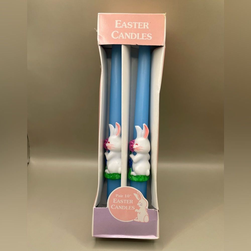 Vintage 1992 Loomco Easter 10” Candles w Bunny Rabbit Blue w Box Set of 2 NOS